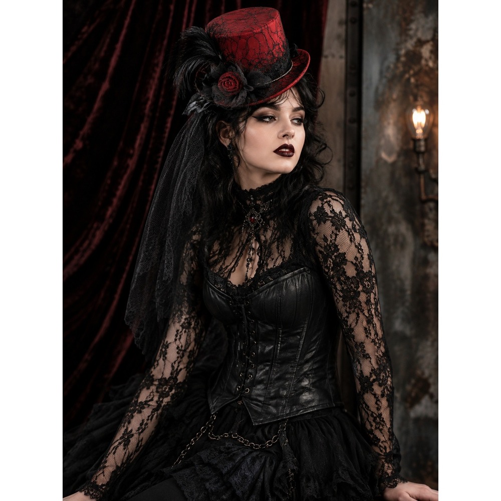 Gothic Top Hat Black Spiderweb Lace Veil Steampunk Gothic Accessory